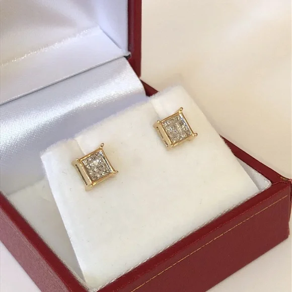 Solid Stamped 14K Yellow Gold Natural Diamond Stud Earrings Unisex Men Women